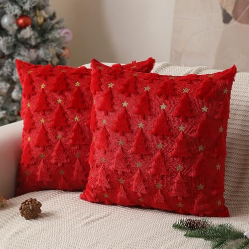 Allorry Christmas Pillow Covers 18 x 18 inch Set of 2 Red Christmas Tree Pillow Covers Decorations Plush Faux Fur Soft Cushion Case for Winter Xmas Holiday Home Bedroom Sofa Decors PT004-B18 | Amazon (US)