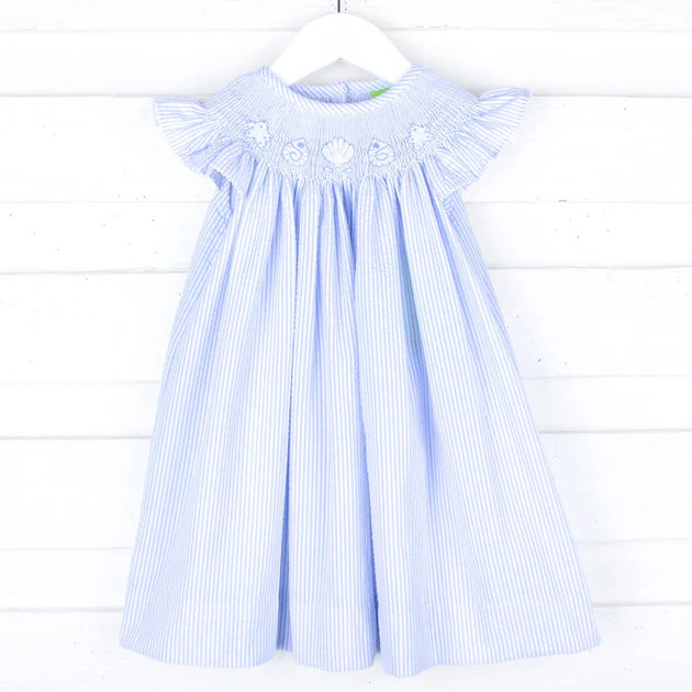Seashell Treasure Blue Smocked  Angel Sleeve Dress | Classic Whimsy