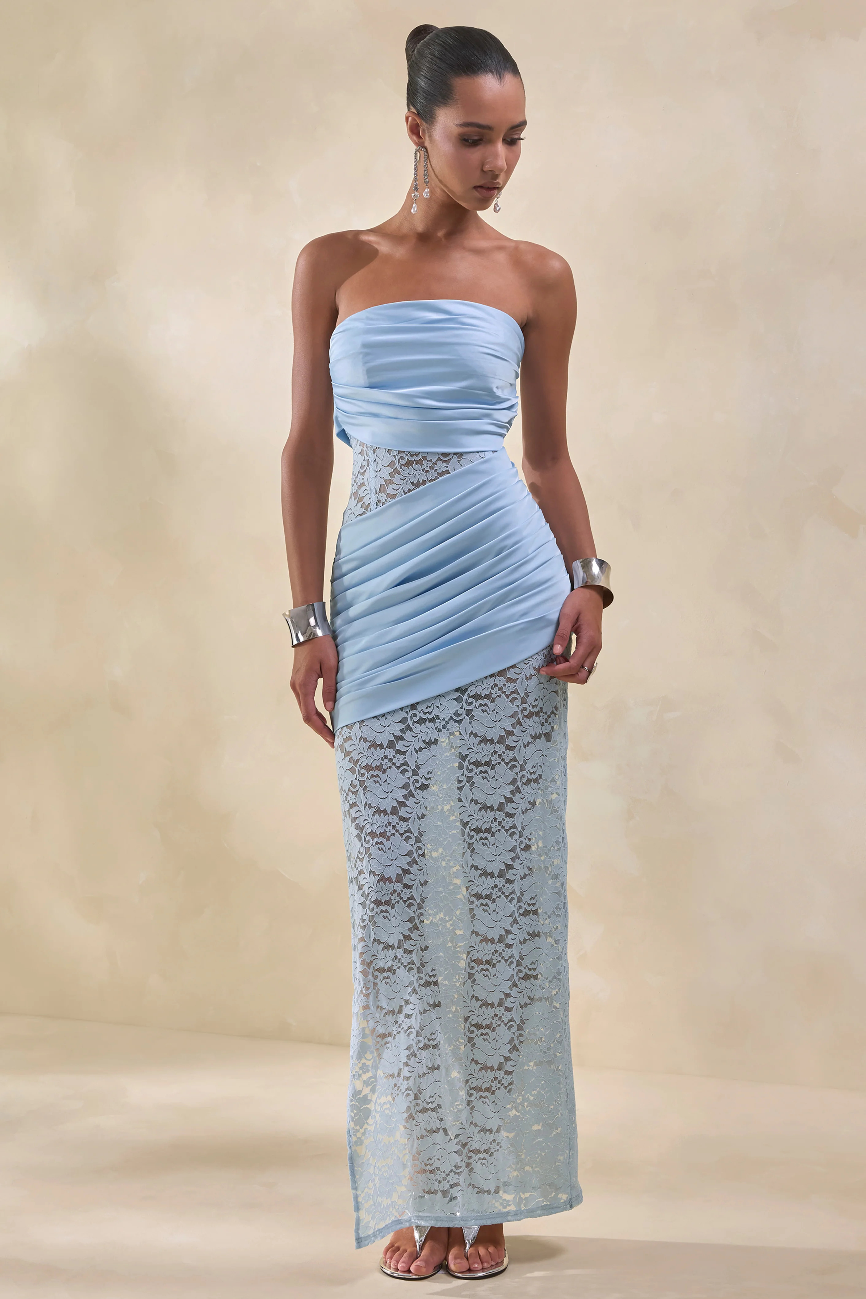 Dulcie | Powder Blue Lace And Satin Bandeau Maxi Dress With Wrap-Detai | Club L London
