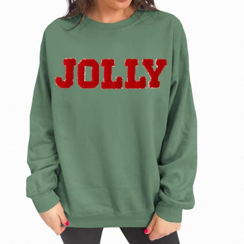 IZYJOY Jolly Sweatshirt Women Christmas Glitter Patch Shirt Jolly Letter Print Long Sleeve Oversize Pullover Tops(JOLLY-Green,Large) | Amazon (US)
