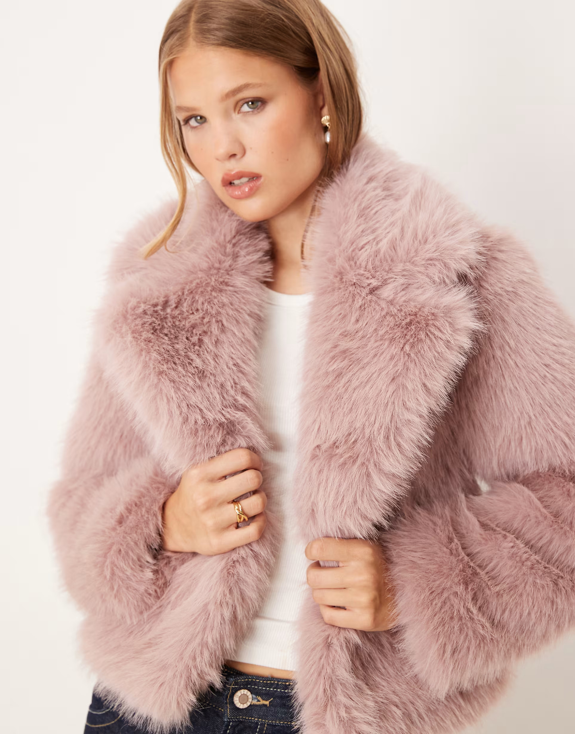 Threadbare faux fur jacket with collar in pink | ASOS (Global)