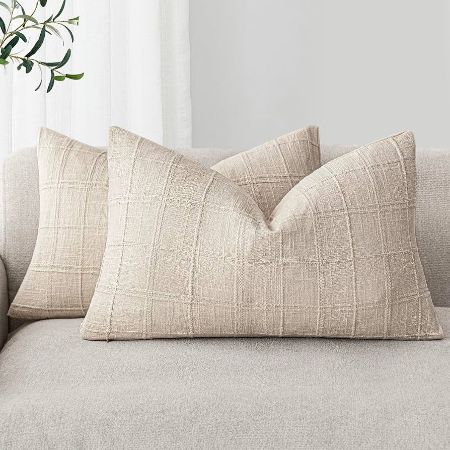 Foindtower Set of 2 Decorative Linen Check Throw Pillow Covers Neutral Farmhouse Lumbar Cushion C... | Amazon (US)