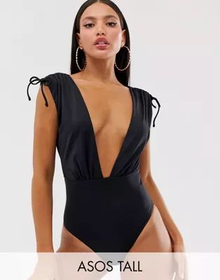 ASOS DESIGN Tall recycled ruched shoulder plunge swimsuit in black | ASOS (Global)