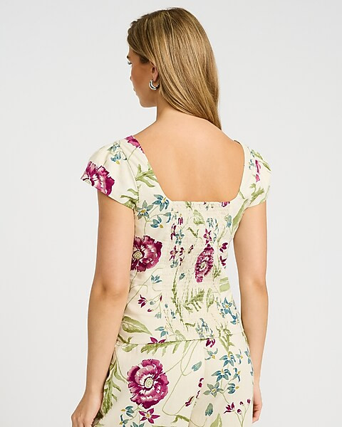 Linen-Blend Floral Square Neck Cap Sleeve Top | Express