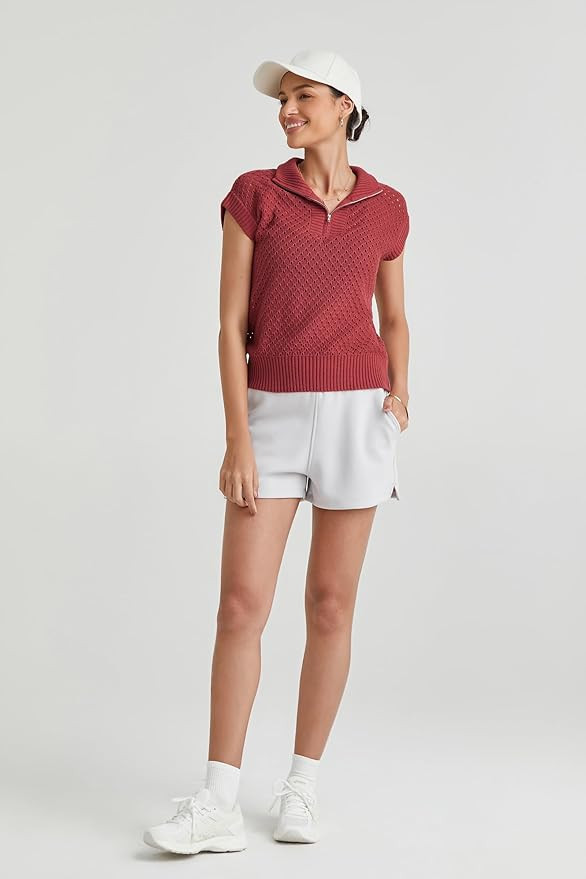 Arach&Cloz Womens Summer Cap Sleeve Sweater Vest 2025 Spring Casual Quarter Zip Hollow Out Croche... | Amazon (US)