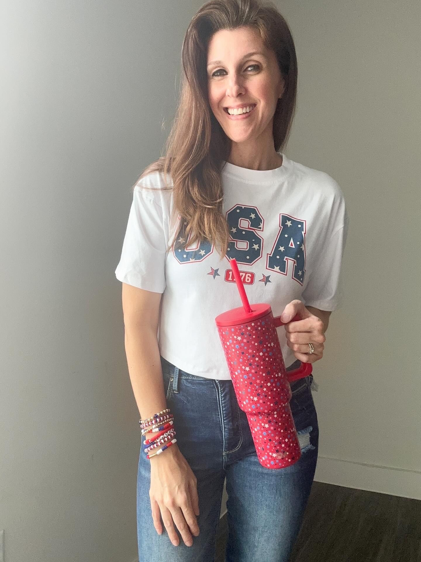 Happy Fourth!!!! Love this crop top that hits right at the waistline. A flattering fit! Perfect for today but all year too!!!! Linking the bracelets and tumbler too!!! 🇺🇸

#LTKSeasonal #LTKStyleTip #LTKFindsUnder50