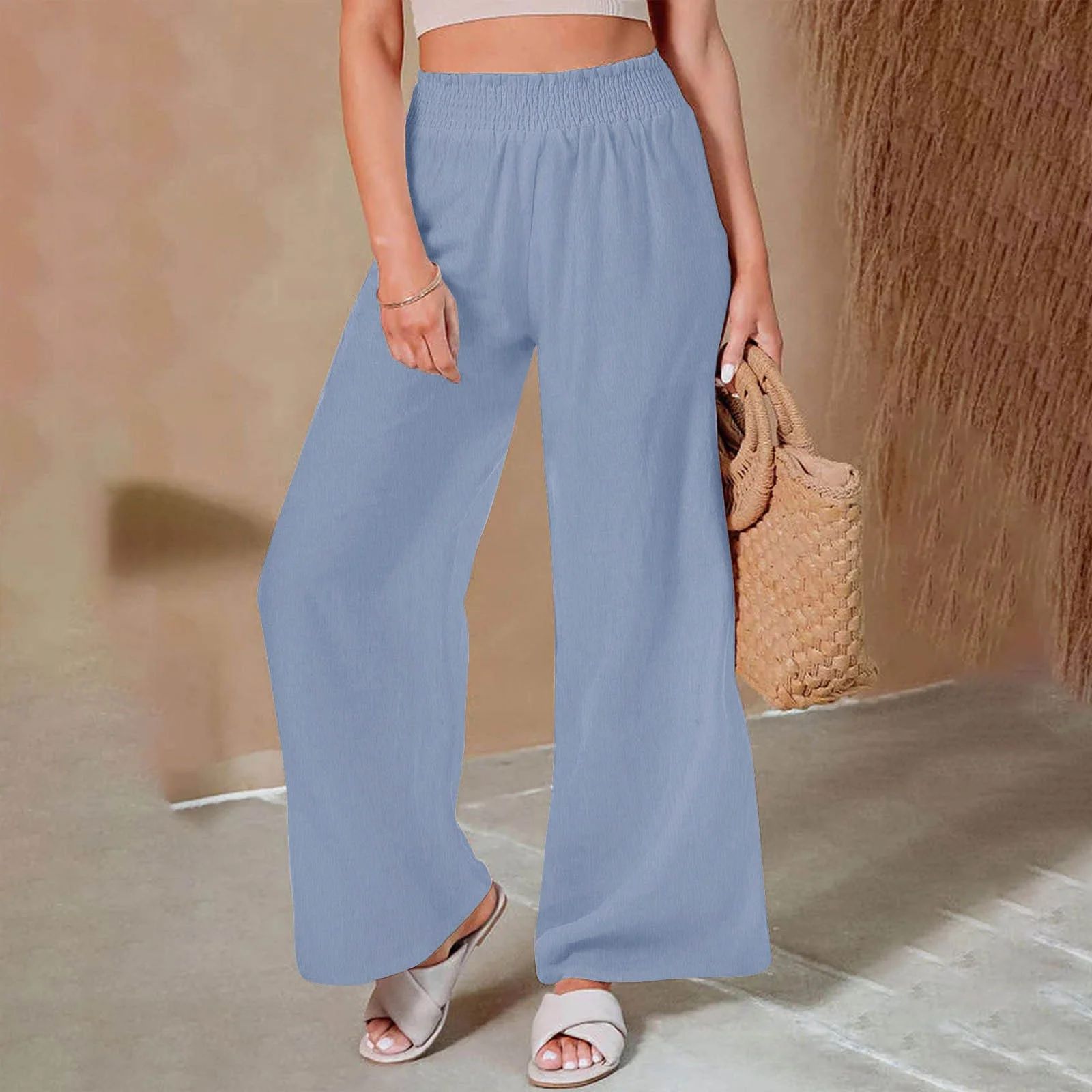 SELONE Women Linen Pants Loose Flowy Palazzo Pants Plus Size High Waist with Pockets Cotton Linen... | Walmart (US)