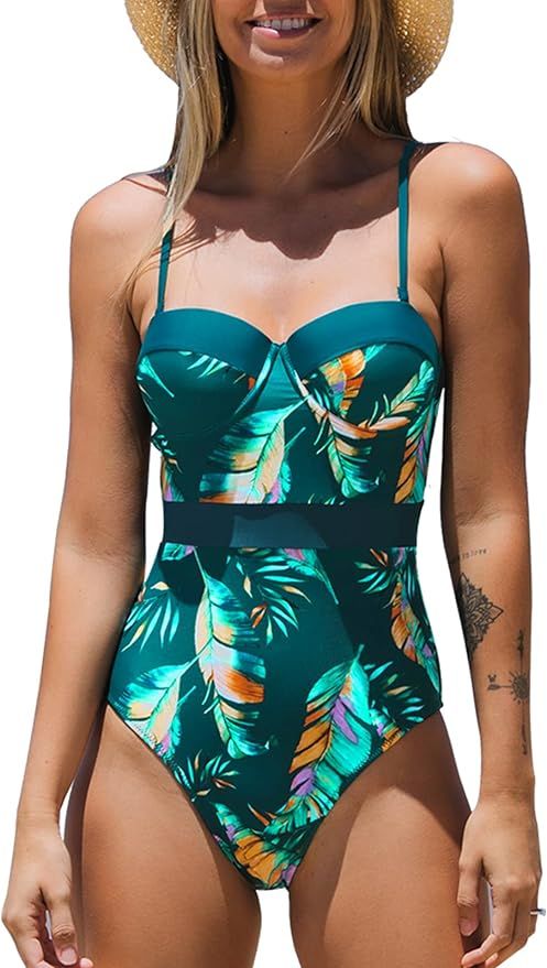CUPSHE Women's Tropical Leafy Moulded Adjustable Straps One Piece Swimsuit | Amazon (US)