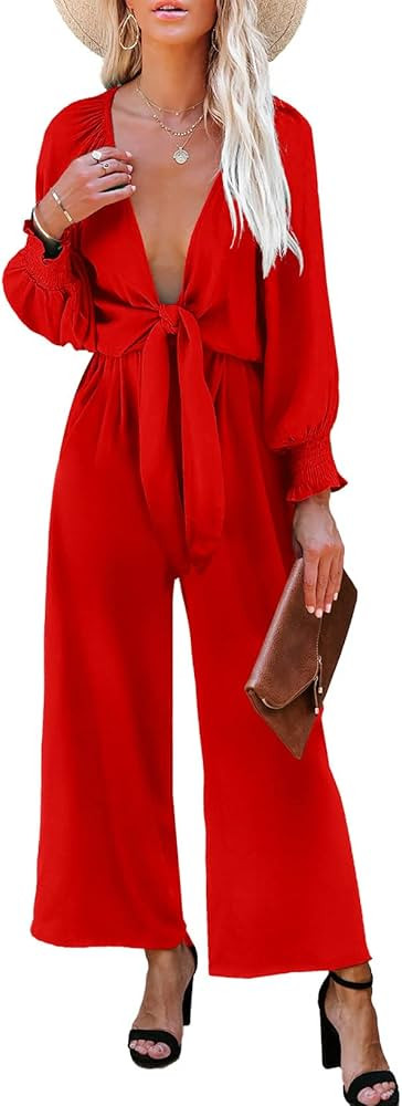 AlvaQ Rompers for Women Dressy Spring Summer Tie Knot Front Sexy V Neck Jumpsuits | Amazon (US)