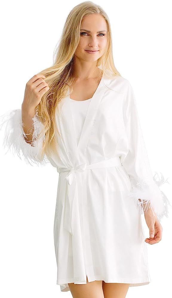 Belle’s Design Women’s Feather Trim Kimono Style Satin Silk Short Robe With Long Sleeve Bride... | Amazon (US)