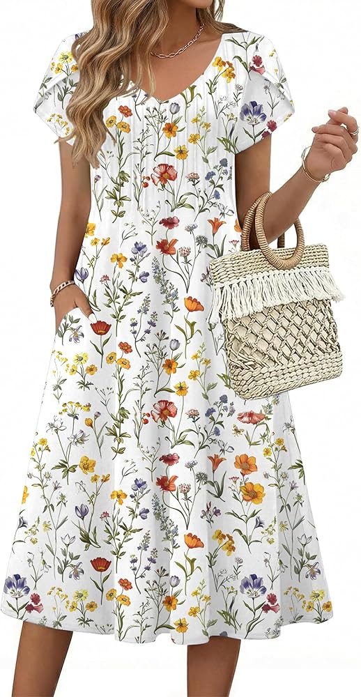 Zeagoo Womens Casual Summer Dress 2026 Short Sleeve Dresses Pleats Midi A Line Flowy Dress Boho B... | Amazon (US)