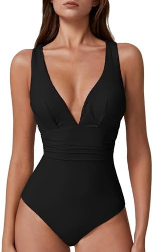 QINSEN Womens Sexy V Neck One Piece Bathing Suit Cross Back Swimsuit High Waist Monokini | Amazon (US)