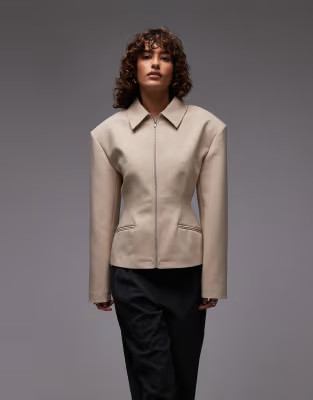 ASOS DESIGN tailored sculpted cinch waist zip through jacket in camel | ASOS (Global)