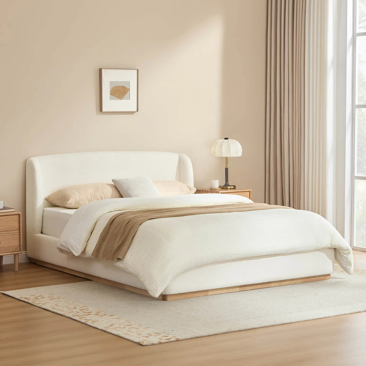 Ron Modern Boucle Platform Bed | Solid Wood Base | Chita