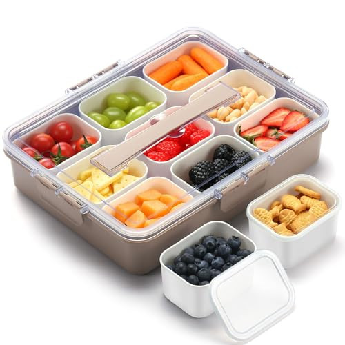 Snackle Box Container for Adults with 9 Compartment, Divided Serving Tray Snack Box Containers with Lid and Handle, Charcuterie Boxes Portable Snack Platter for Fruit Veggie Party Travel, Brown | Amazon (US)