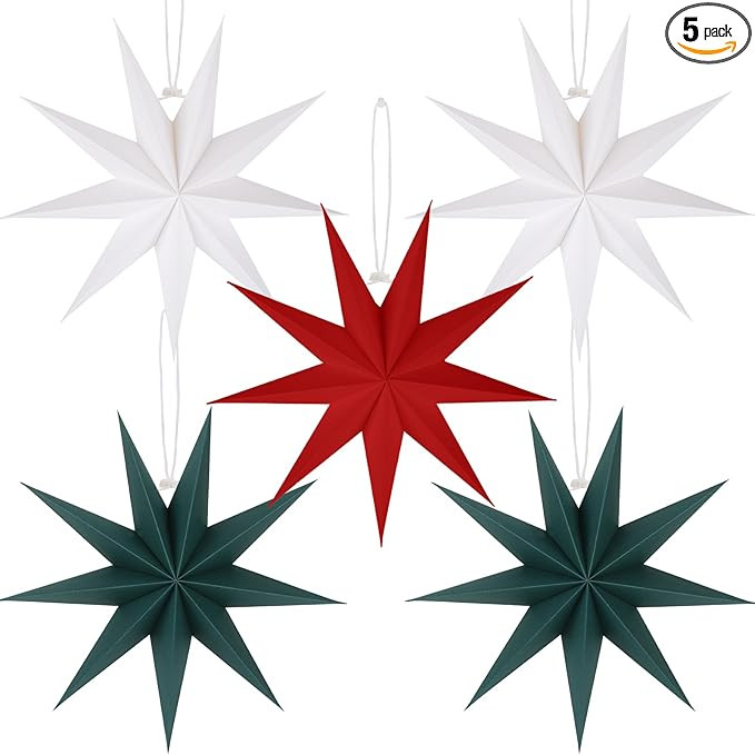12 Inches 5 PCS Red Green White Paper Star Lanterns Hanging Stars Christmas Party Decorations Han... | Amazon (US)