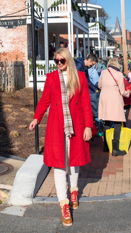 On sale: Enjoying all the outdoor holiday festivities in a holiday red wool coat. ❤️plaid scarf, winter sherpa lined boots, white corduroy pants, white cashmere turtleneck

#LTKsalealert #LTKHoliday #LTKover40