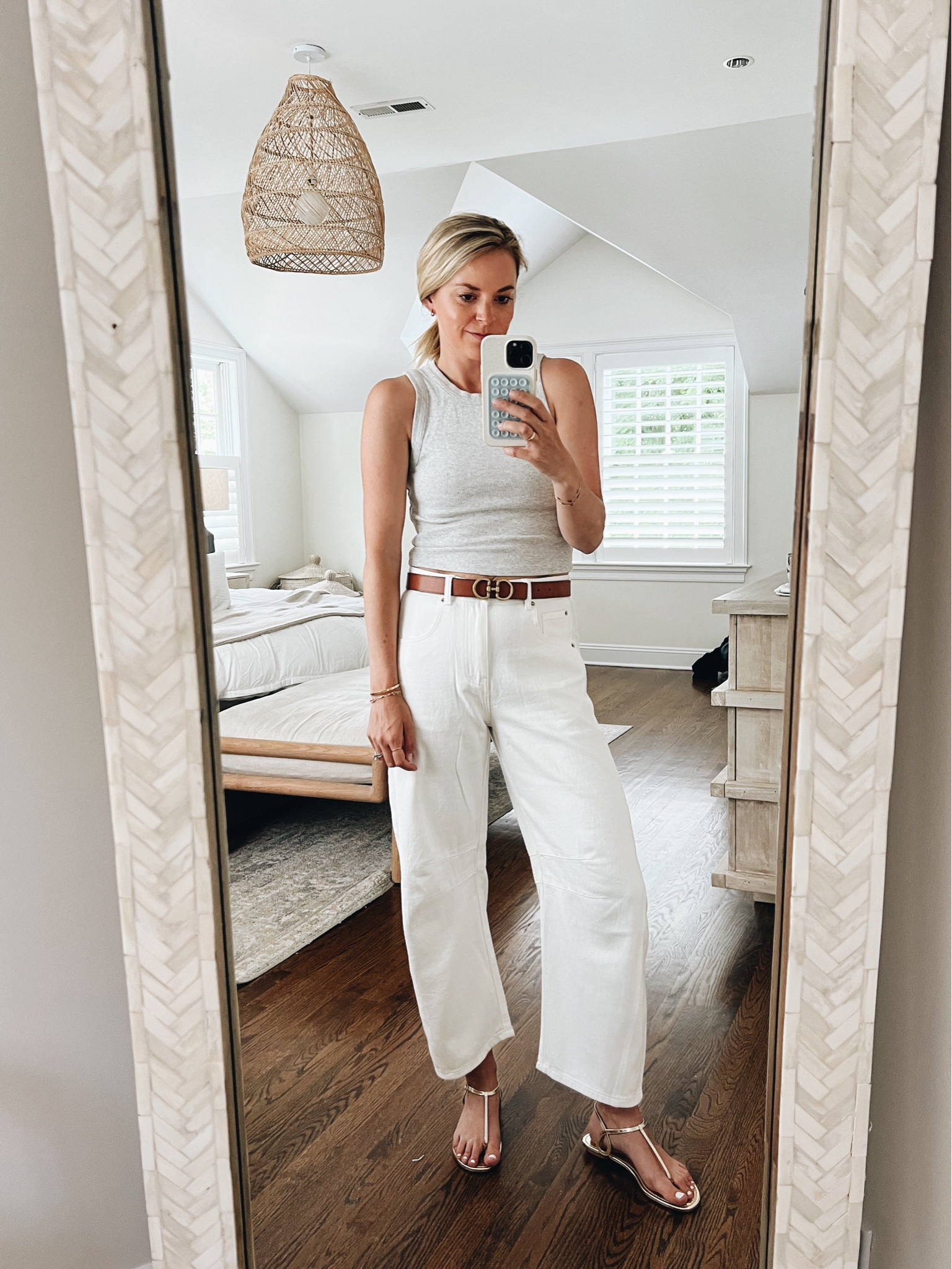 Amazon barrel jeans, comfy and lightweight denim material. Went with a size small which still gives a looser fit. A bunch of colors and $49 vs. the designer price! 

Summer outfit, white jeans 

#LTKFindsUnder100