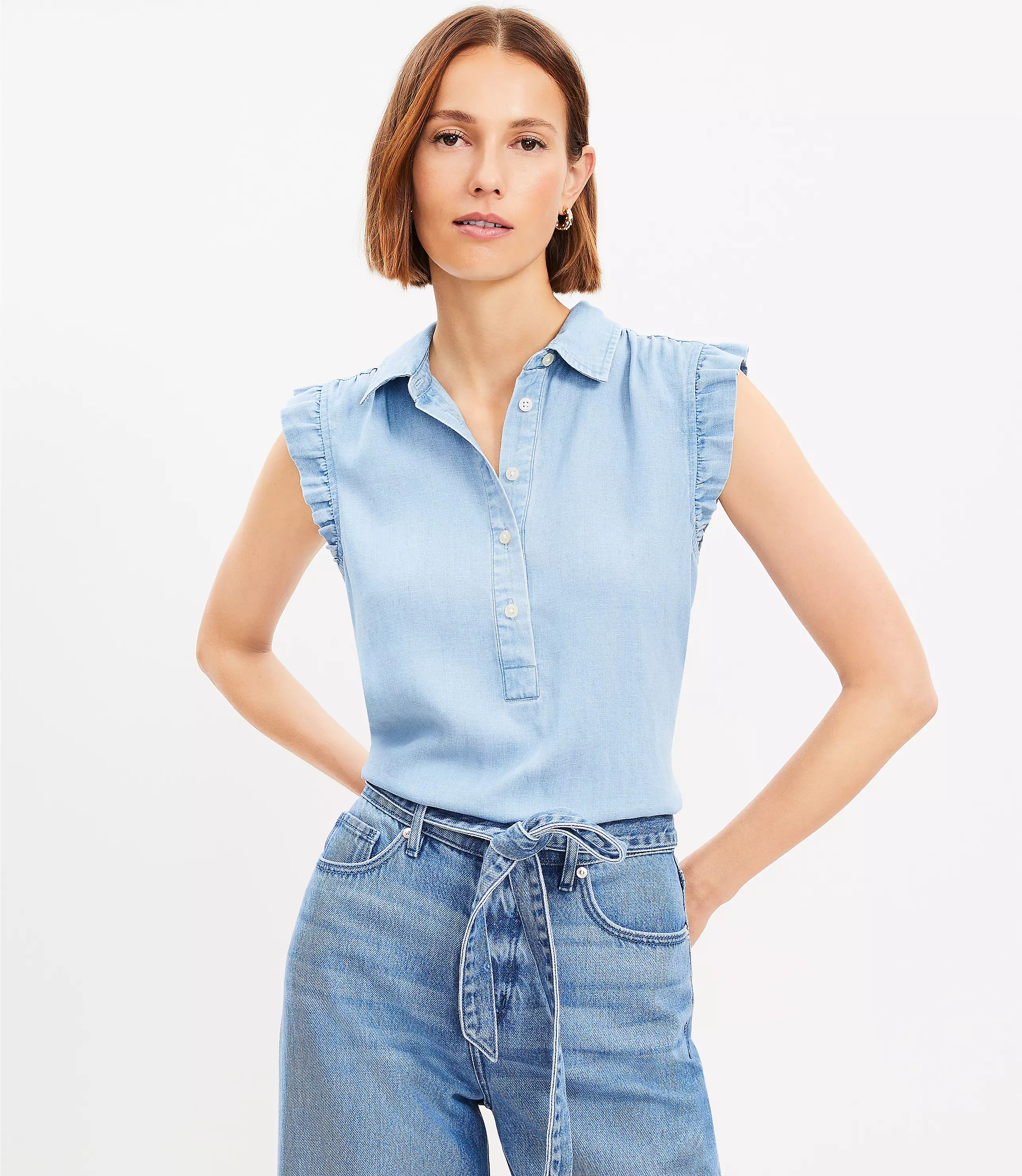 Petite Chambray Collared Ruffle Henley Top | LOFT