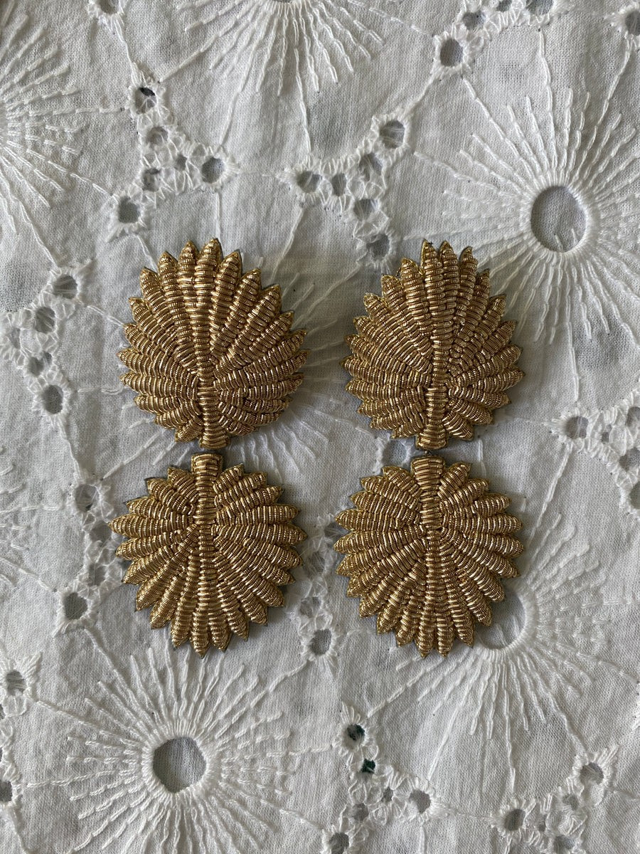 Hand Embroidered Gold Double Palmetto Leaf Earring (Flat Back Clip On) | SUE SARTOR