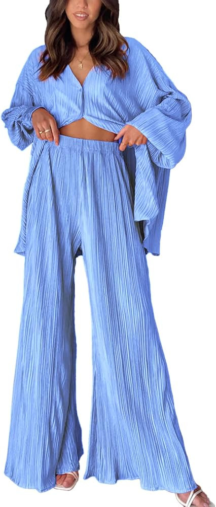 ONIRIKE Womens Loungewear Set 2 Piece Sweatsuits Outfits Casual Pleated Long Sleeve Button Down S... | Amazon (US)