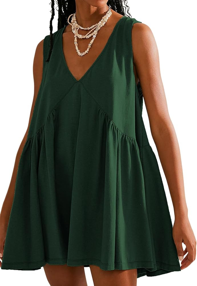 Sleeveless Mini Dress for Women 2026 Summer Casual V Neck Sundress Loose Babydoll Dress with Pock... | Amazon (US)
