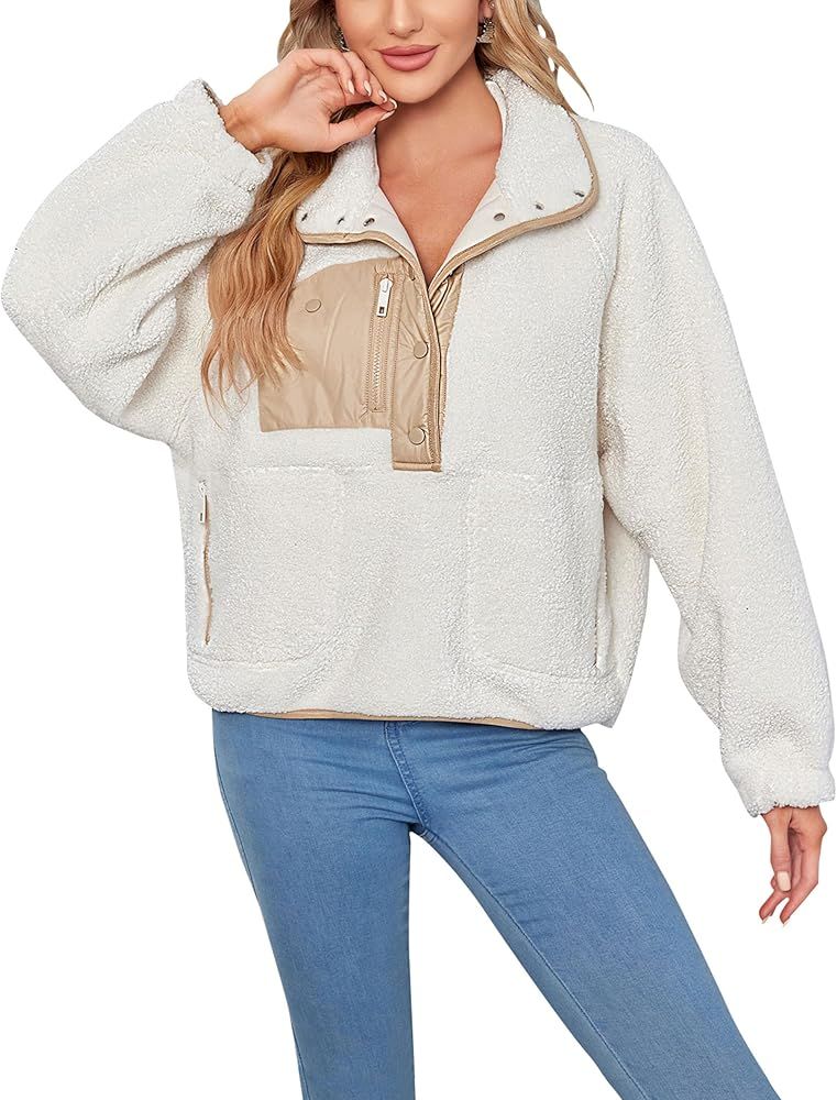 Jawmeu Women's Winter Fleece Jacket Half Button Fuzzy Pullovers Fluffy Colorblock Sweatshirt with... | Amazon (US)