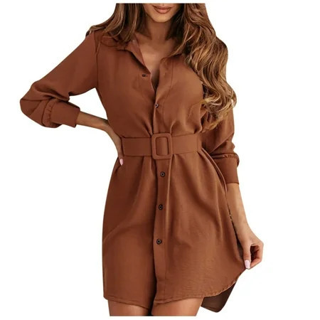Winter Fall Dresses for Women Wedding Guest Long Sleeve Autumn Fashion Short Dress Lapel Slim Casual Shirt Dress | Walmart (US)