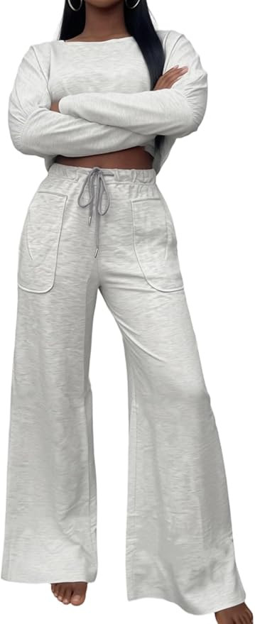 LROSEY Summer Women 2 Piece Outfits Pants Sets Casual Lounge Set Drawstring Wide Leg Palazzo Trou... | Amazon (US)