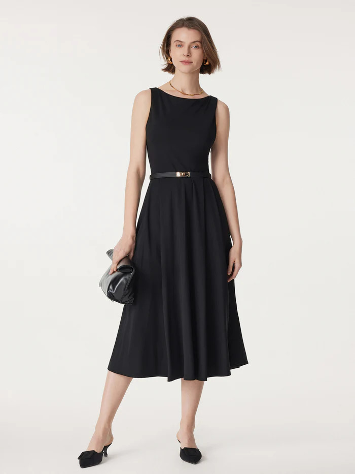 Boatneck Bamboo Ponte Brami Midi Dress with Pockets | OGLmove