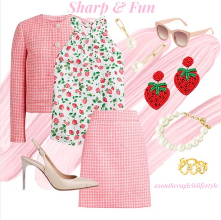 Sharp Suit with a Little Fun - everything is on sale except the pumps  

Church to Work to an Event

Pink Tweed Patch Pocket Lady Jacket, Strawberry Halter Top with Tie Back, Tweed A Line Skirt, Sunglasses, Pearl Chainlink Drop Earrings, Strawberry Beaded Earrings, Pearl Bracelet, Gold Ring & Stiletto Slingback Heels

Spring Outfit. Easter. Work Outfit. 

#LTKworkwear #LTKSeasonal #LTKstyletip