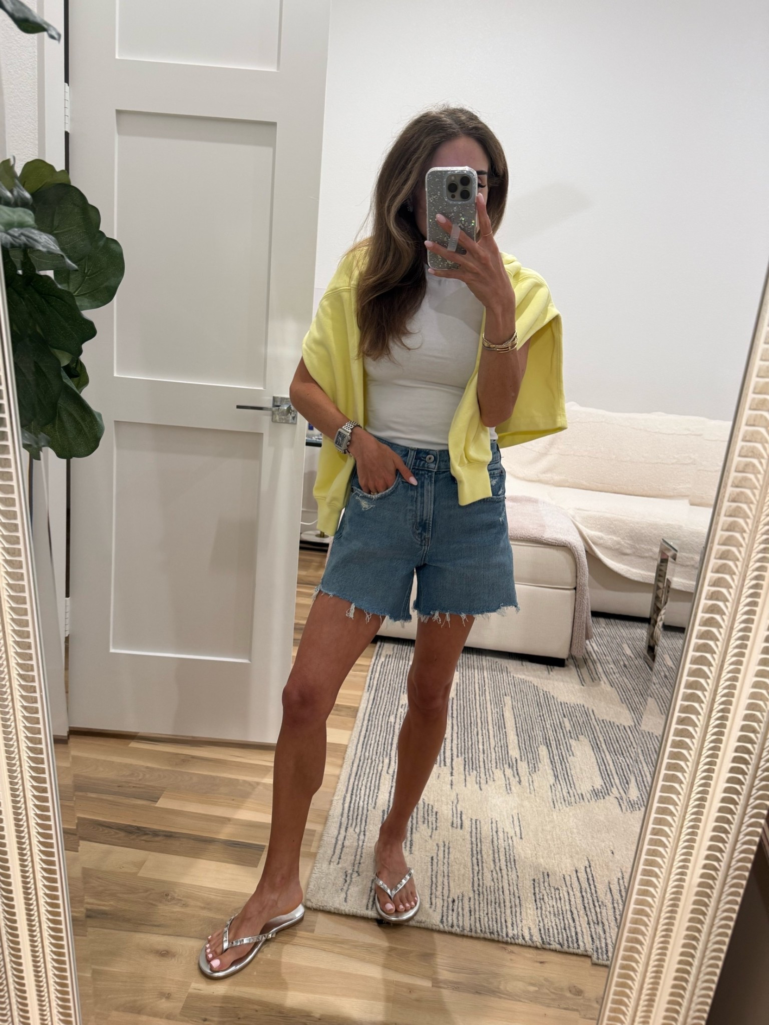 Pairing an easy white tee with denim shorts - wearing size 23 code SHORTSAF

#LTKootd #LTKPetite #LTKSaleAlert