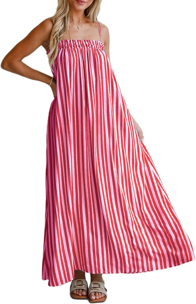 Women Stripes Maxi Dress Sleeveless Square Neck Beach Long Dress Spaghetti Straps Casual Baggy Fl... | Amazon (US)