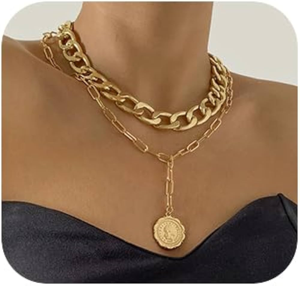 JWICOS Gold Boho Cuban Chunky Necklace Layered Dainty Paperclip with Coin Pendant Choker Chain fo... | Amazon (US)