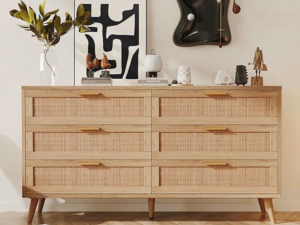 Rovaurx 6 Drawer Double Dresser for Bedroom, Rattan Chest of Dressers, Modern Wooden Dresser Chest w | Amazon (US)