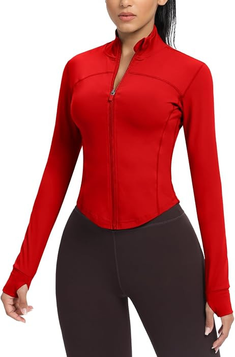 AVGO Women's Cropped Running Workout Jackets Zip Slim Fit Athletic Tops with Thumb Holes | Amazon (US)