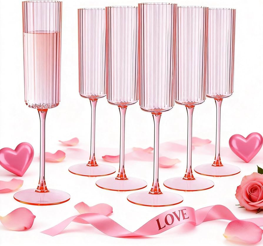 Ciaell 24 Pack Pink Plastic Champagne Flutes - 6oz Ribbed Disposable Champagne Glasses - Pink Vin... | Amazon (US)
