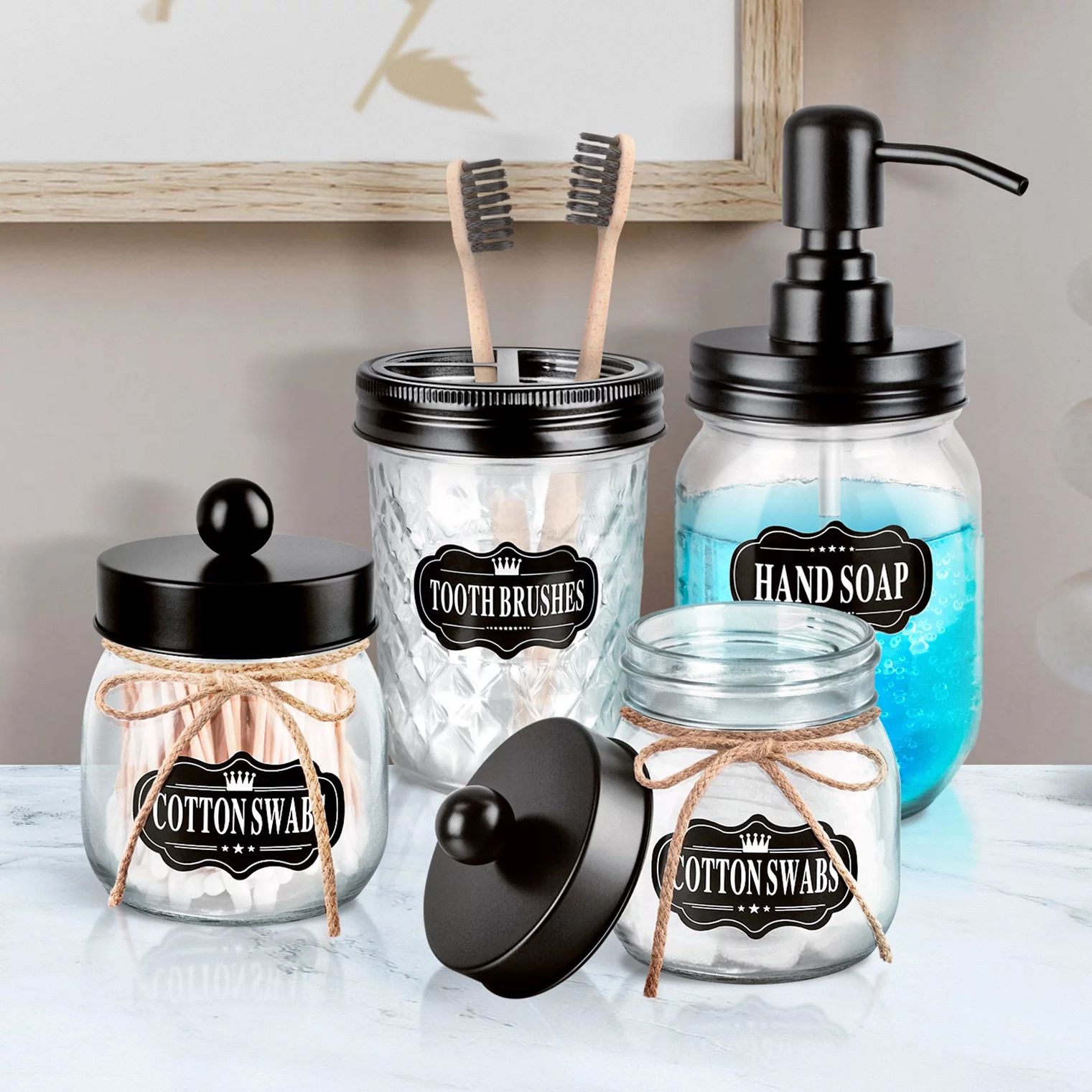 Flashmen Mason Jar Bathroom Accessories Set of 4, Lotion Soap Dispenser Toothbrush Holder 2 Apoth... | Walmart (US)