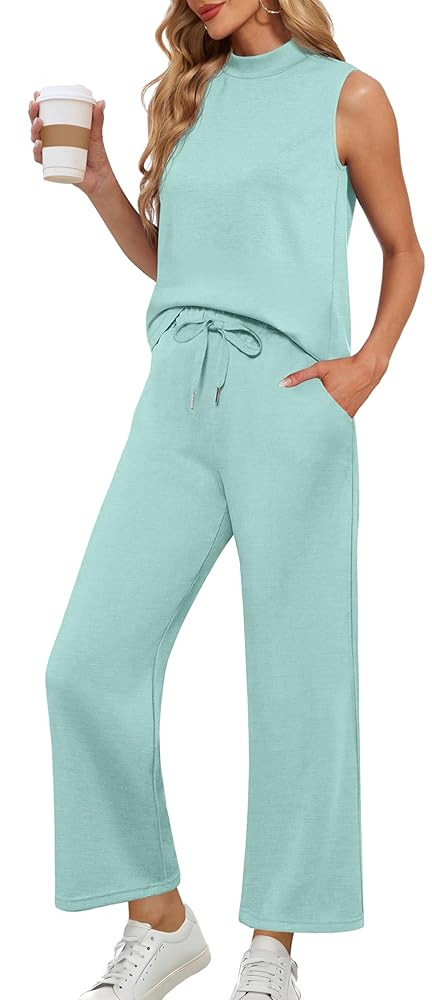 Lepunuo Two Piece Sets for Women Summer Mock Neck Sleeveless Top Wide Leg Pants Lounge Sets Vacat... | Amazon (US)