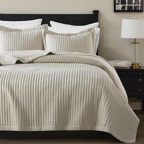 WDCOZY Beige Twin Size Quilt Set, Striped Pick Stitch Lightweight Bedspread, Soft Channel Farmhou... | Amazon (US)