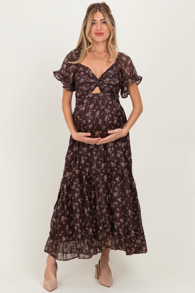 Brown Floral Stripe Twist Front Cutout Maternity Maxi Dress | PinkBlush Maternity