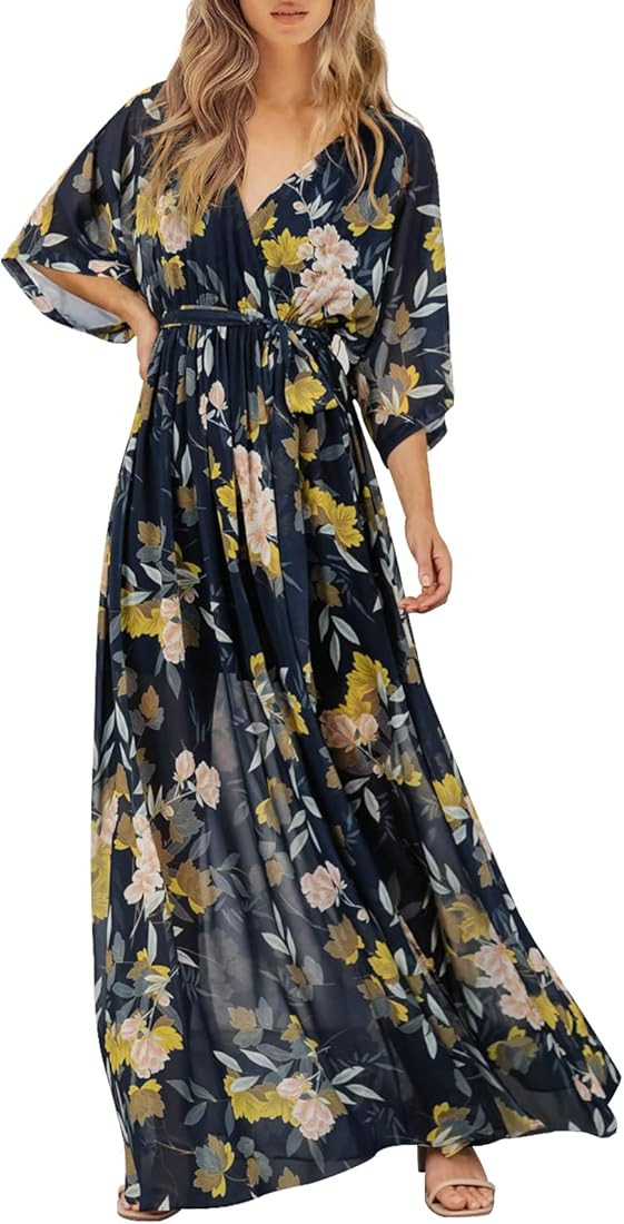 ANRABESS Women’s Summer Loose Kimono Maxi Dress Wrap V Neck 3/4 Sleeve Floral Print Slit Long D... | Amazon (US)