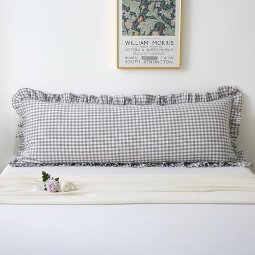 Grey White Plaid Ruffle Gingham Bedding Body Pillow Cover, 100% Washed Cotton Checkered Vintage F... | Amazon (US)