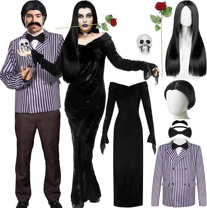 Xtinmee 8 Pcs Couples Halloween Cosplay Costume Gothic Witch Black Long Dress Straight Wig Stripe... | Amazon (US)