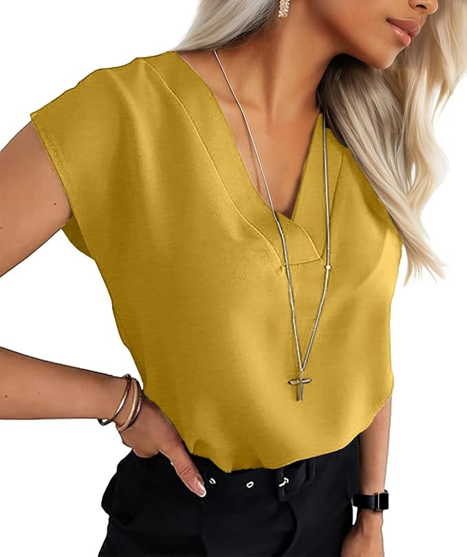 Lepunuo Womens Summer Tops Cap Sleeve Textured Dressy V Neck Shirts 2025 Work Office Blouses Busi... | Amazon (US)