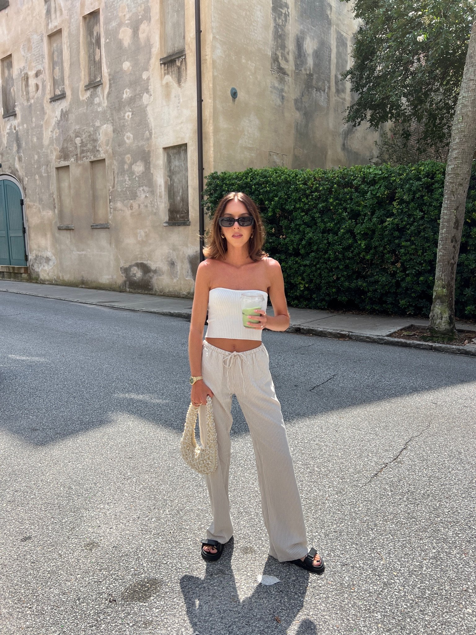 Summer to Fall transitional outfit - tube top, striped pants, Steve Madden sandals and pearl bag 

#LTKstyletip #LTKunder100 #LTKshoecrush