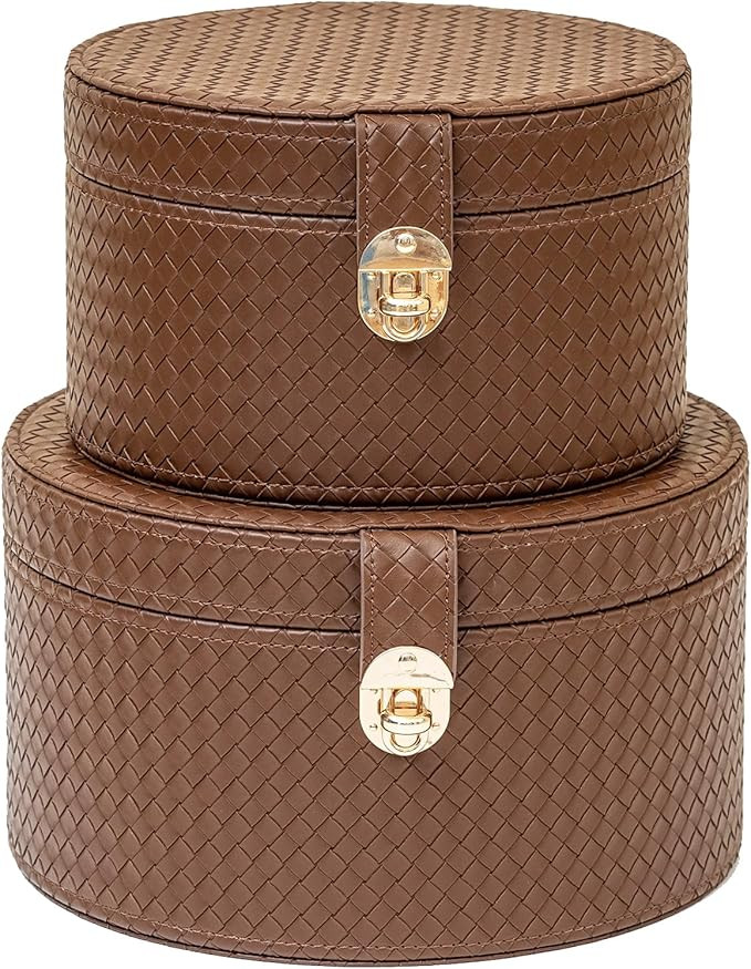 Large Leathe Decorative Boxes Set of 2 Round Hat Box Bin Basket with Lid for Shelf Coffee Table S... | Amazon (US)