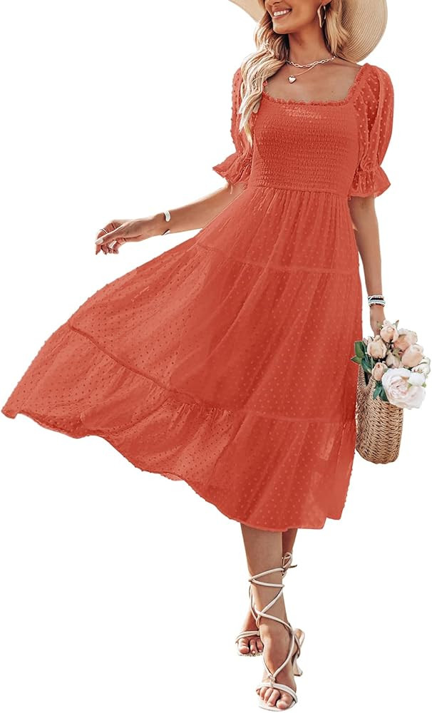 MEROKEETY Women's Summer Square Neck Puff Sleeve Boho Midi Dress Swiss Dot Ruffle Flowy Tie Back ... | Amazon (US)