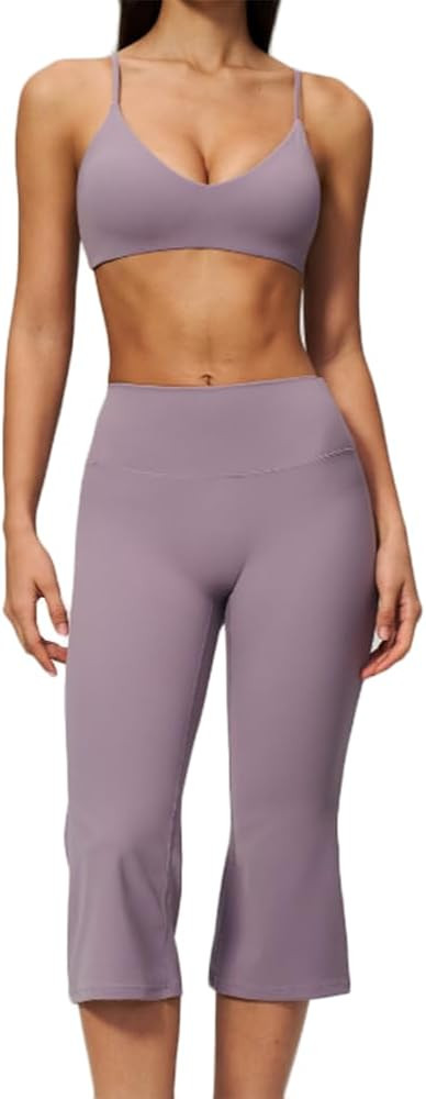 HSQSMWJ Women V Neck Sports Bra Butt Lifting Flared Leggings Set | Amazon (US)
