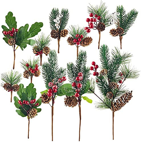 Yixiang 12Pack Artificial Christmas Picks Assorted Red Berry Picks Stems Faux Pine Picks Spray with Pinecones Apples Holly Leaves for Christmas Floral Arrangement Wreath Winter Holiday Décor | Amazon (US)